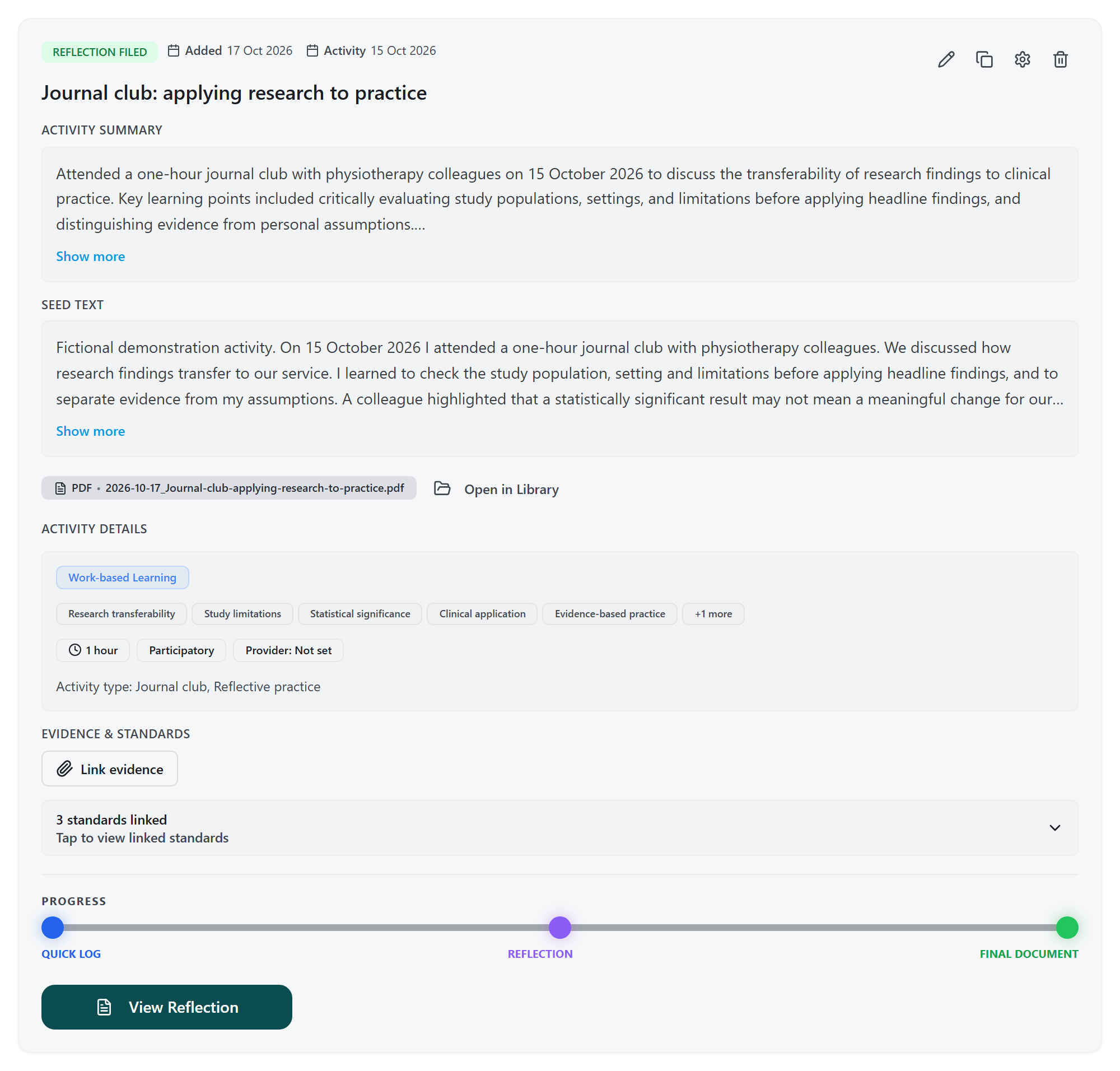 Fictional journal-club record showing the original seed, activity summary, one-hour duration and linked standards after a reflection and PDF have been added