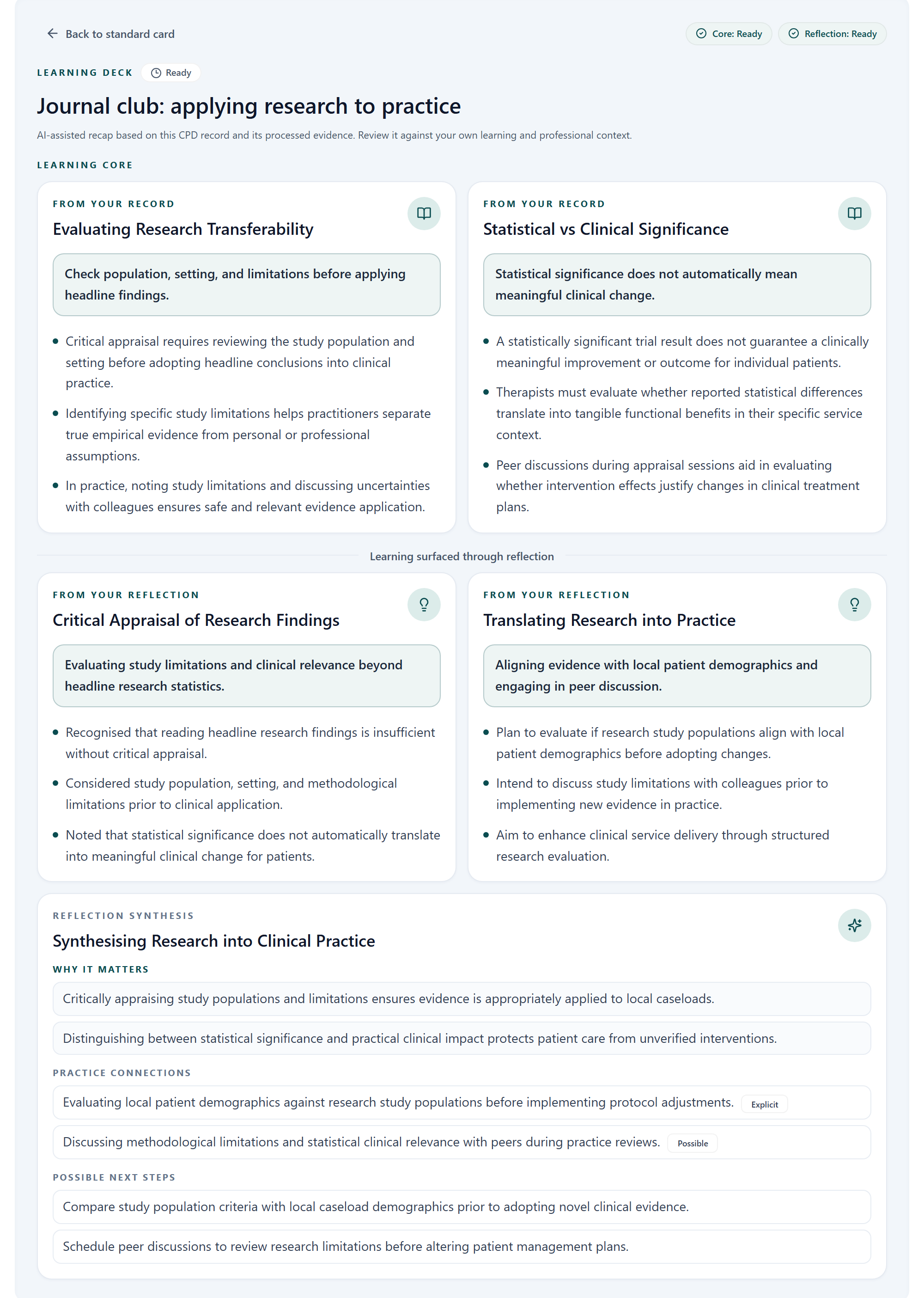 Learning Deck with activity recap cards, learning from a filed reflection and a learning synthesis for a fictional journal club