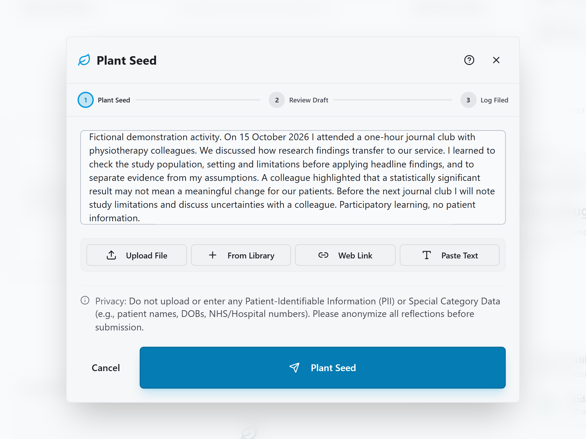 HandyCPD Plant a Seed screen showing fictional journal-club notes ready for AI-supported organisation
