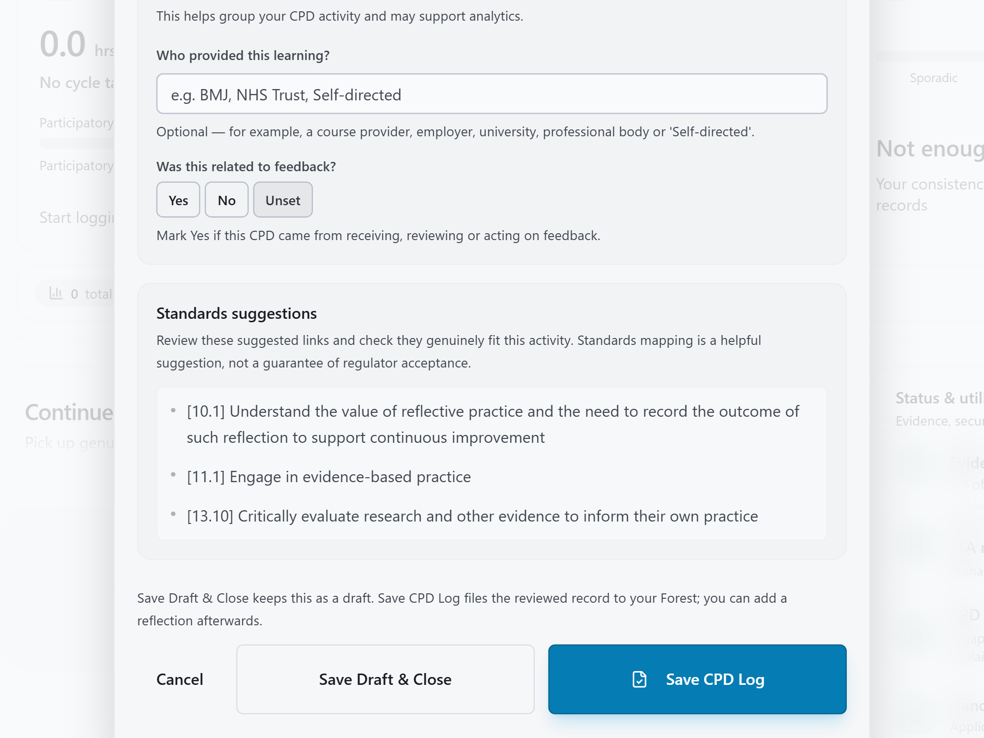 Lower section of the HandyCPD draft review form, showing provider, feedback, suggested standards and options to save a draft or file the CPD log