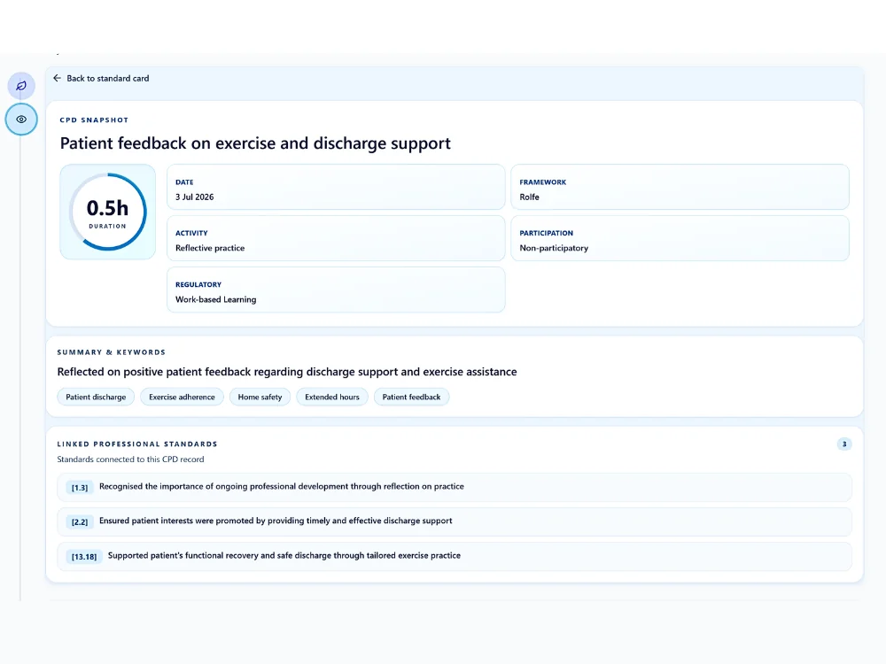 Forest CPD snapshot showing feedback summary, keywords and linked professional standards