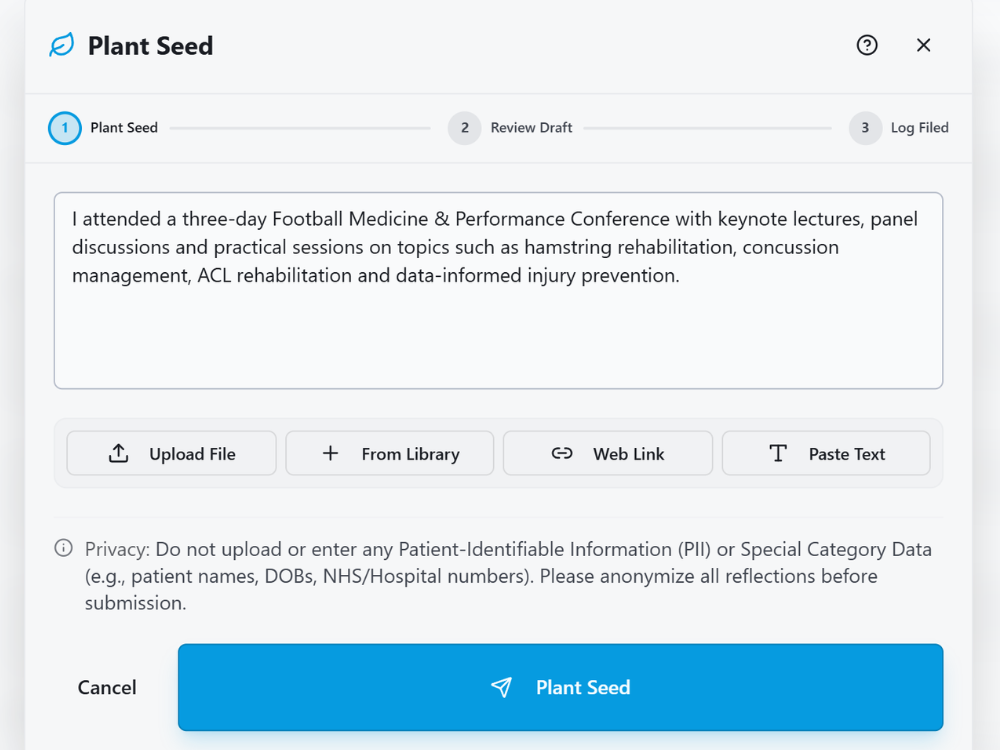 HandyCPD Plant Seed screen showing a CPD note about attending a football medicine and performance conference.