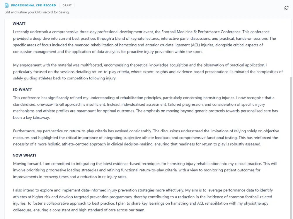 HandyCPD reflection draft screen showing a structured CPD record you can read, edit and approve before export