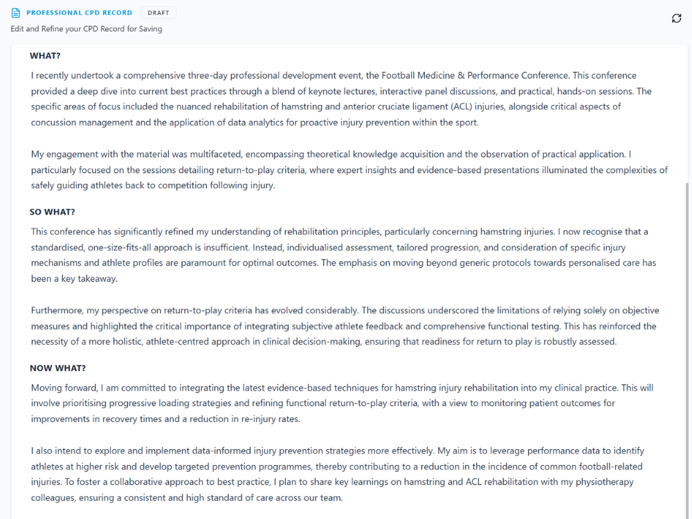 HandyCPD reflection draft screen showing a structured CPD reflection about football rehabilitation and return-to-play decision making.
