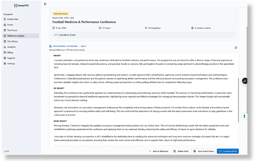 HandyCPD CPD record formatted for PDF export, showing a structured reflection layout ready for your review