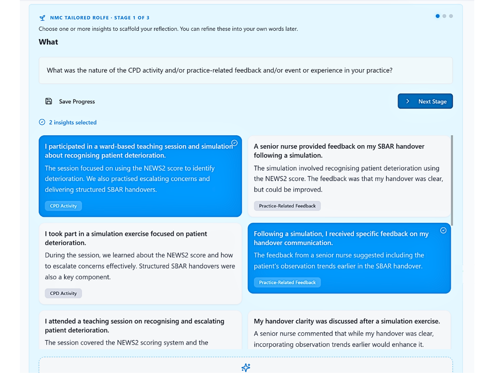 HandyCPD Reflection Engine showing NMC-tailored Rolfe stage 1 with selectable insight cards for a fictional nurse simulation scenario