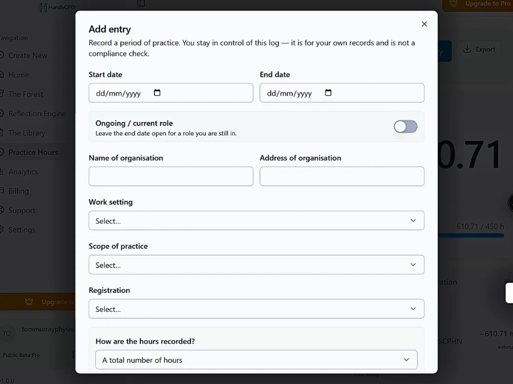 Practice Hours Logging entry dialog for recording dates, organisation, setting, scope and hours