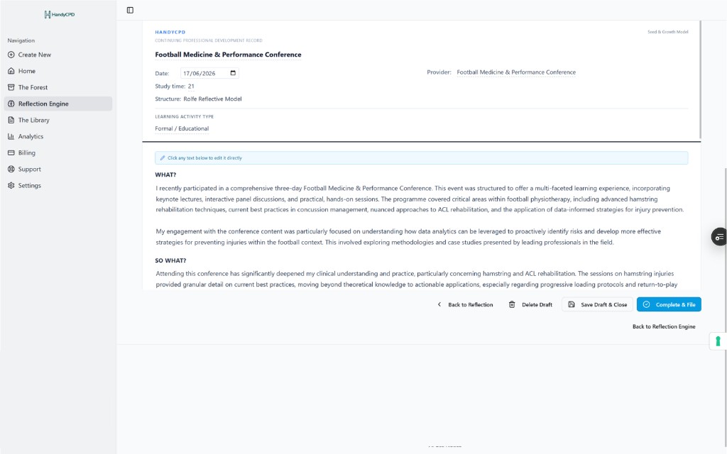 HandyCPD reflection preview showing an editable structured CPD reflection draft