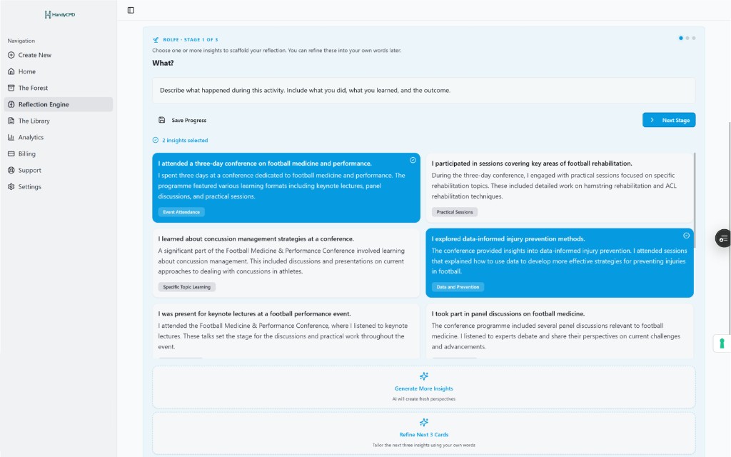 HandyCPD Reflection Engine showing Rolfe stage 1 with selectable insight cards for what happened