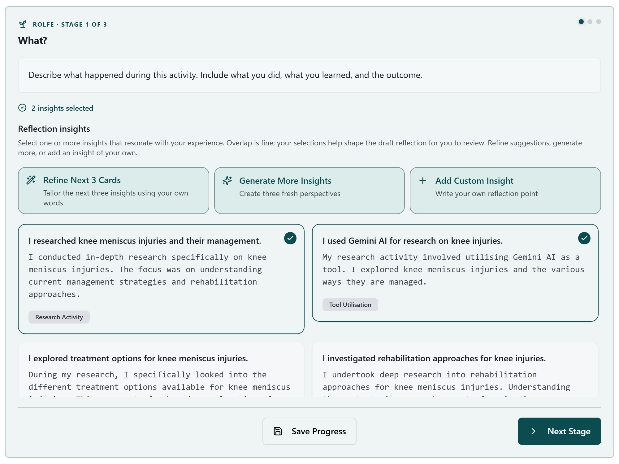 HandyCPD Reflection Engine stage showing guided prompts and selectable insight cards based on a learning activity.
