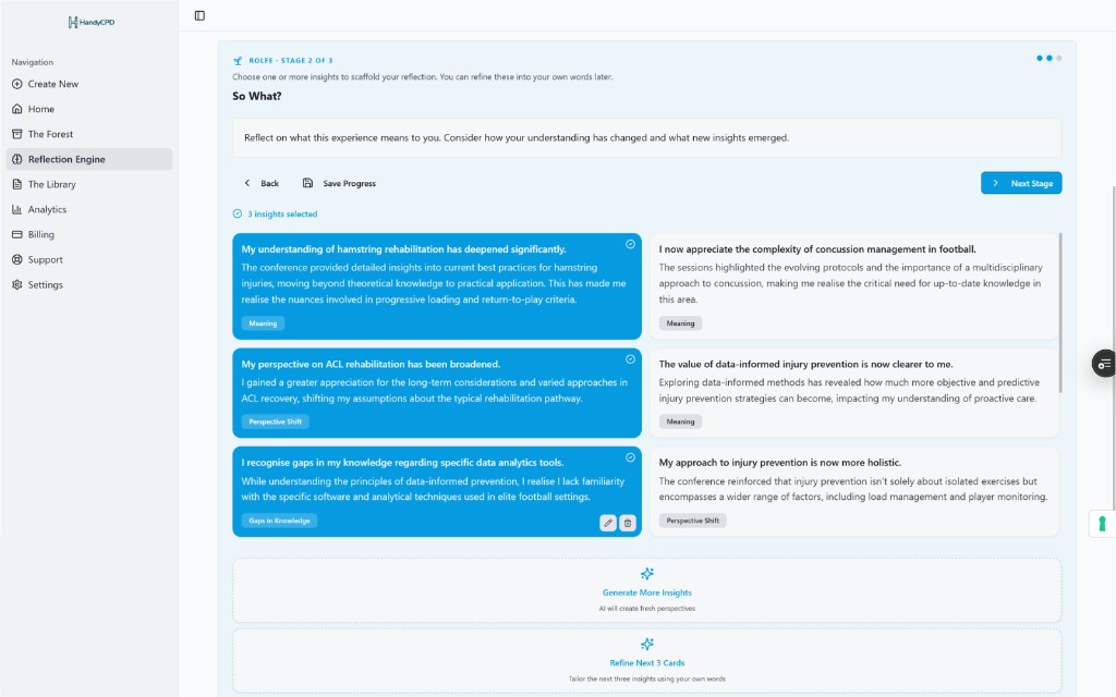 HandyCPD Reflection Engine showing Rolfe stage 2 with selectable insight cards for learning and meaning