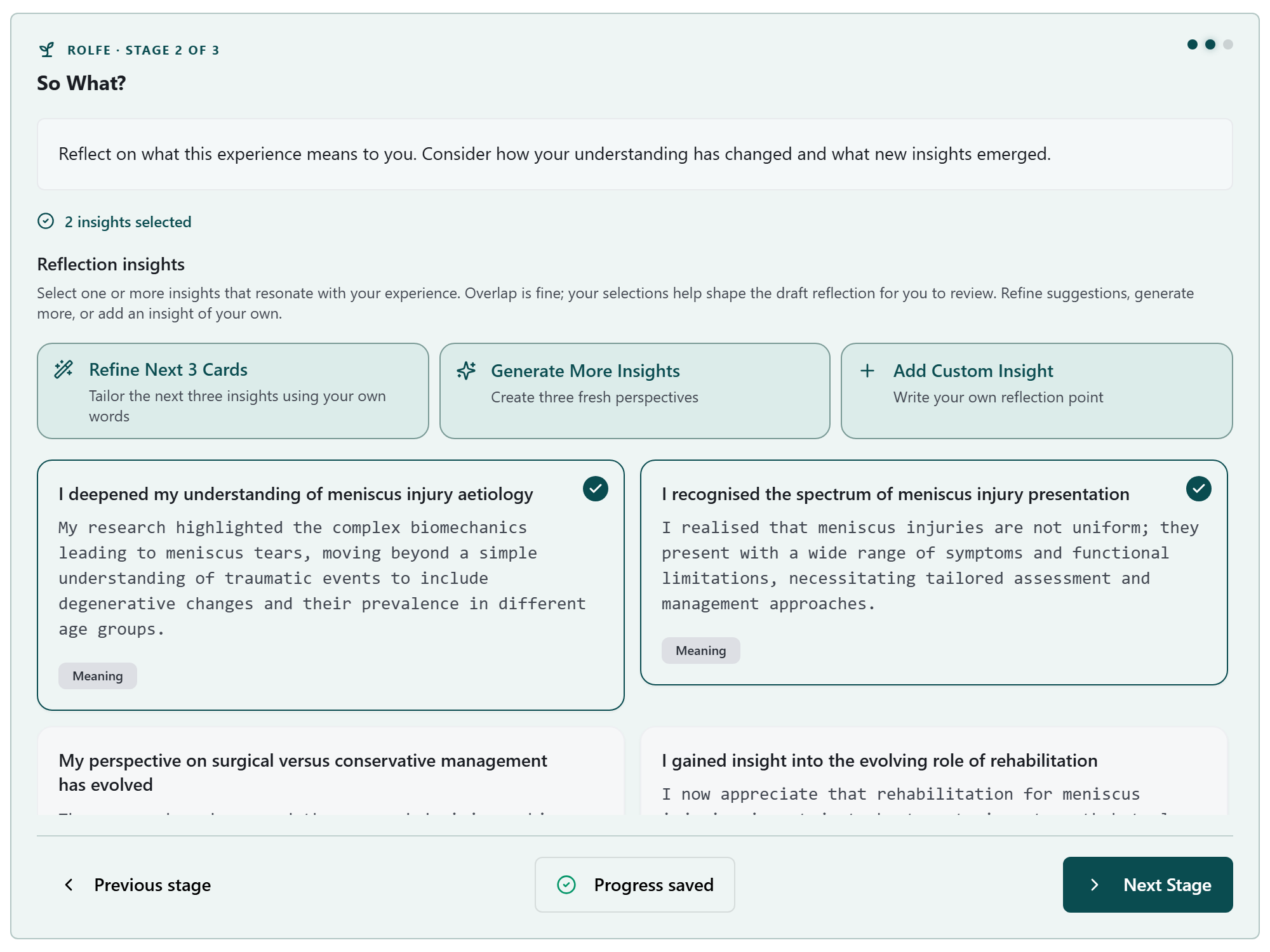 Rolfe So What stage in HandyCPD with two selected insights developing the learning.