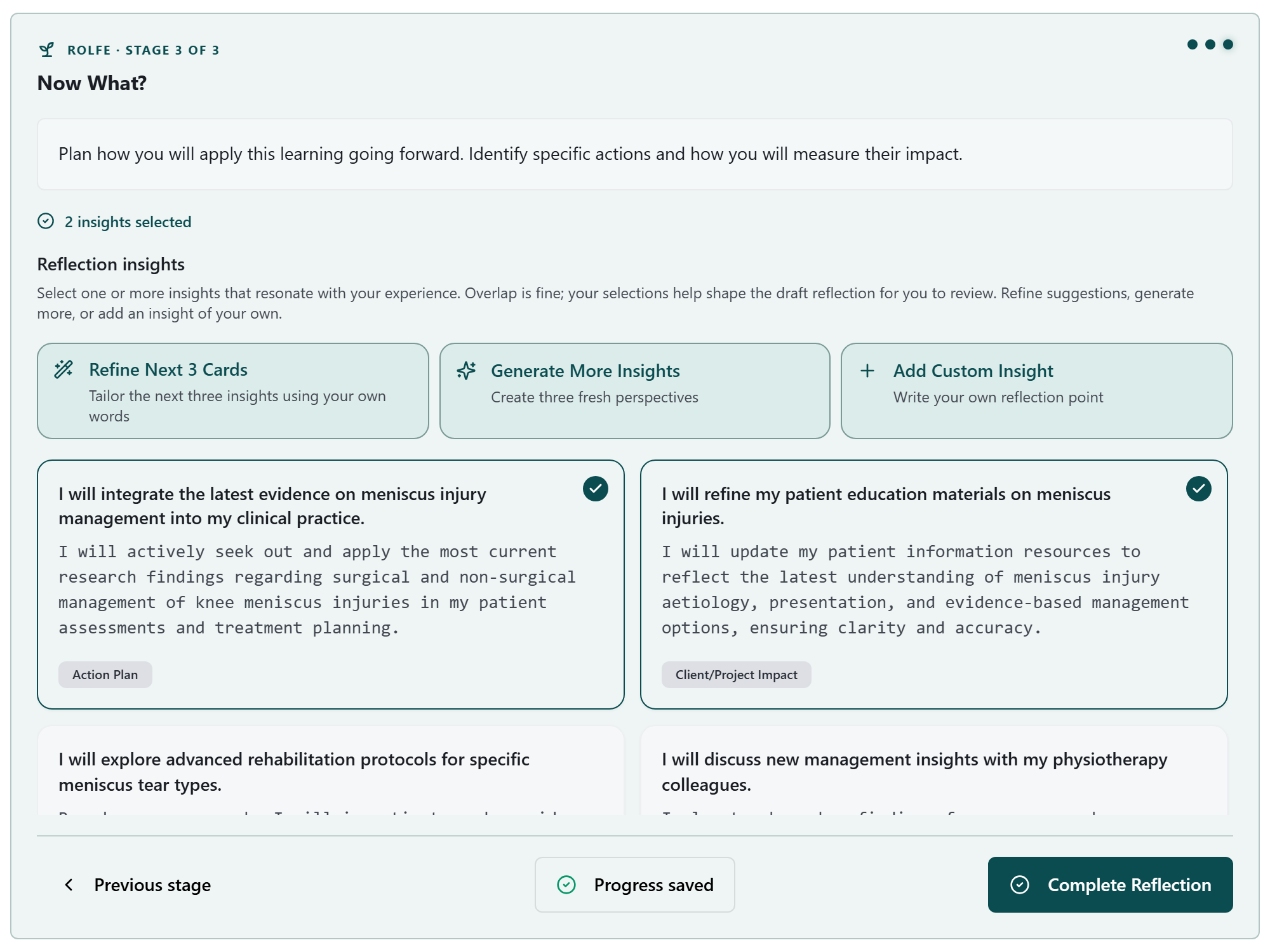 Rolfe Now What stage in HandyCPD with two selected insights planning future action.