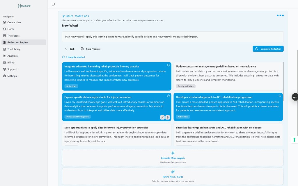 HandyCPD Reflection Engine showing Rolfe stage 3 with selectable future action cards