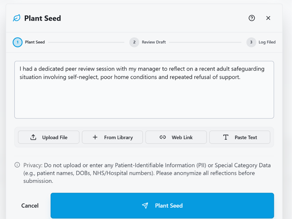 HandyCPD Plant Seed screen showing an anonymised Social Work England peer reflection note about adult safeguarding and self-neglect.
