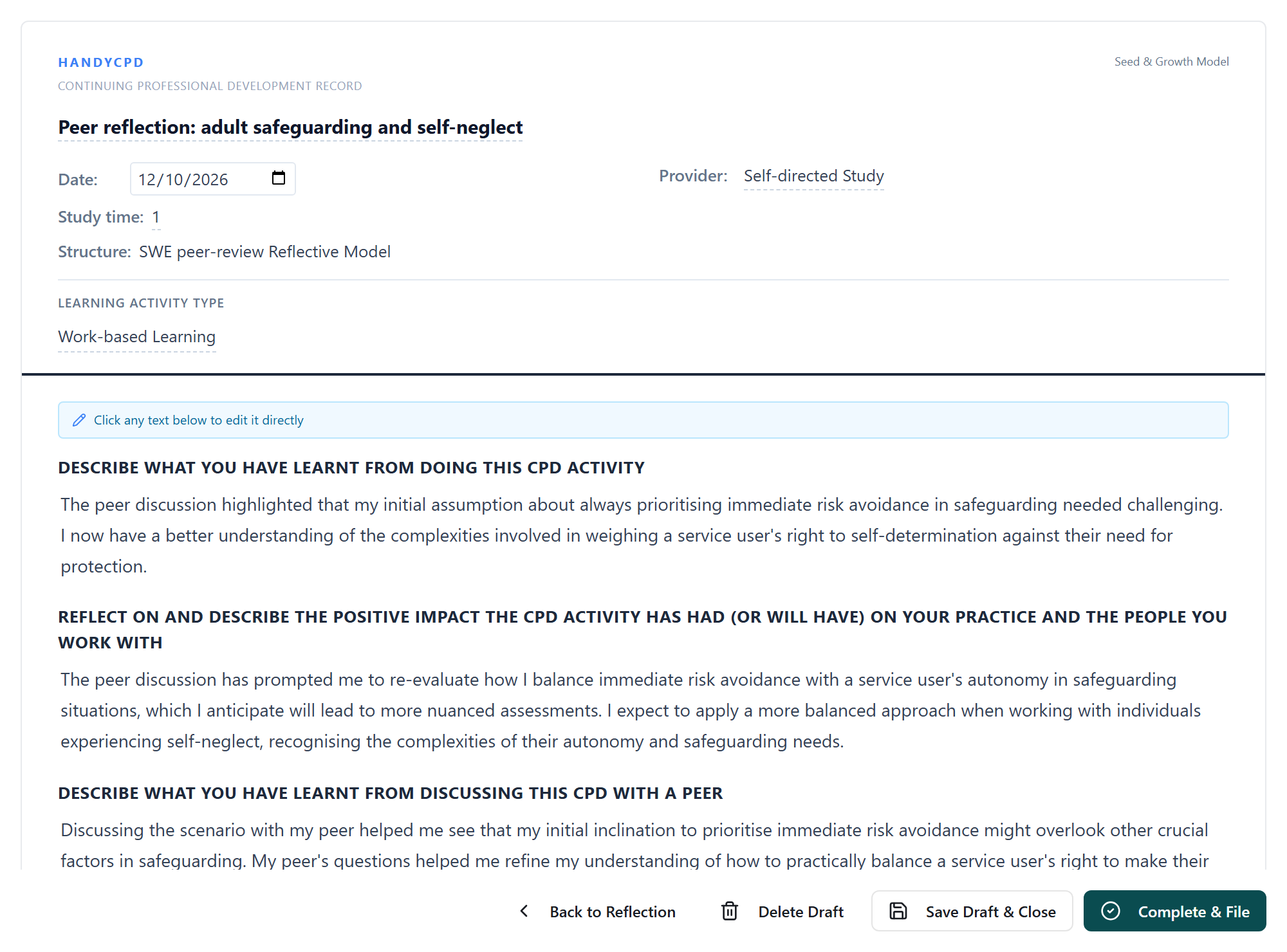 HandyCPD reflection draft screen showing a structured Social Work England peer reflection about adult safeguarding and balanced risk decision making.