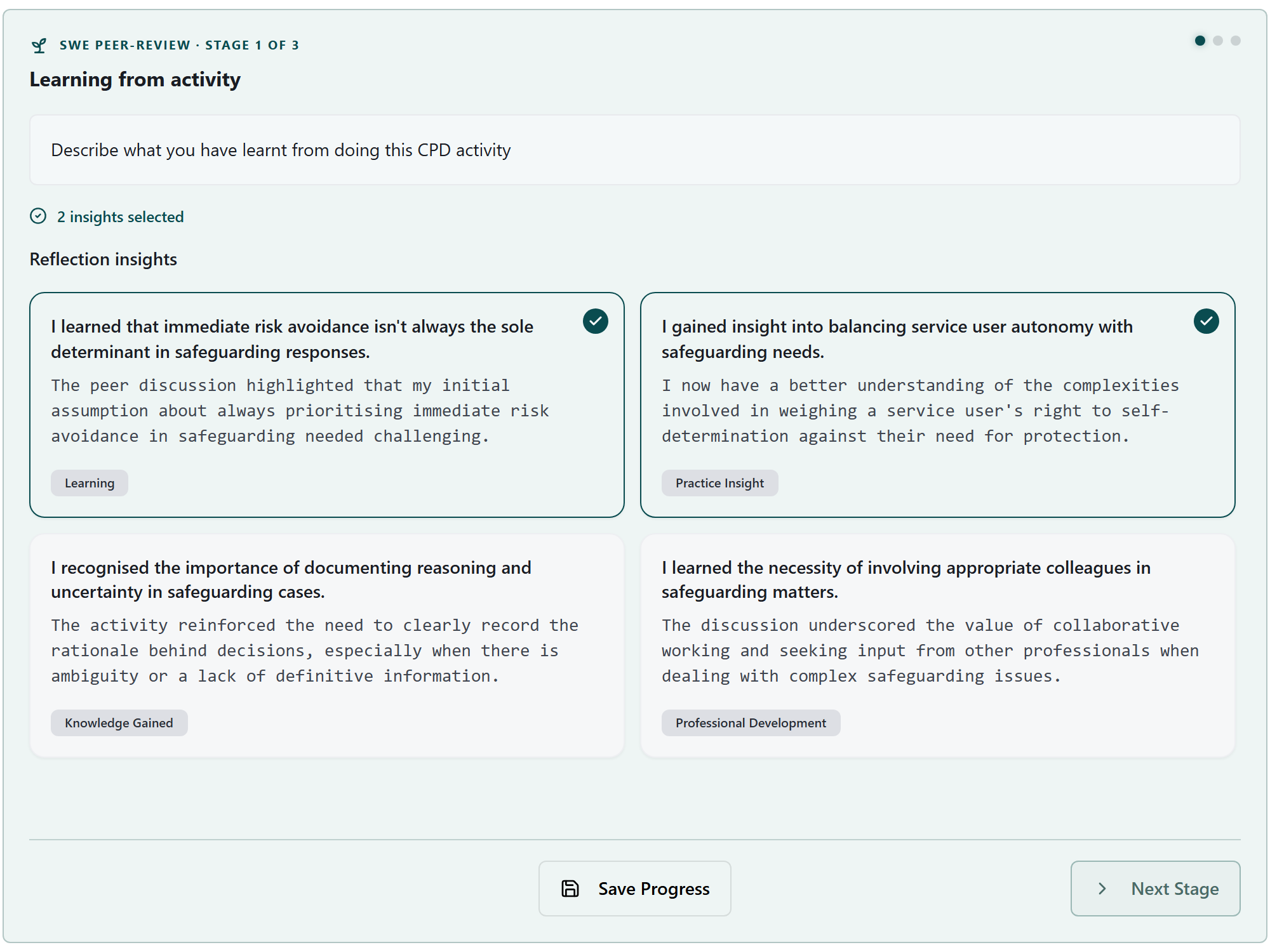 HandyCPD Reflection Engine screen showing guided prompts for a Social Work England peer reflection.