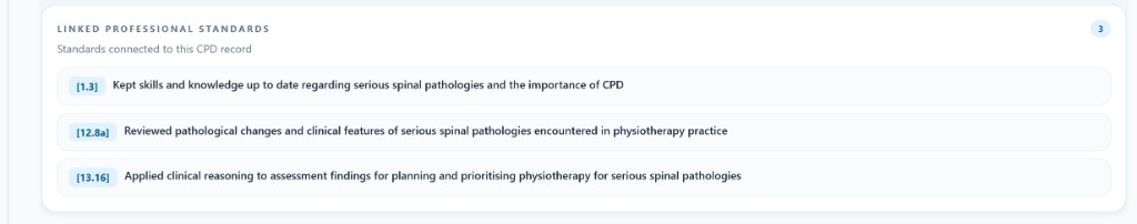 HandyCPD CPD Snapshot showing linked professional standards with suggested relevance phrasing for the user to review and edit