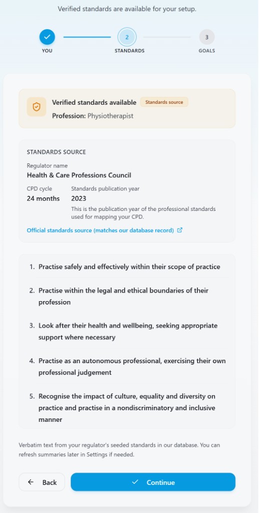 HandyCPD setup showing verified HCPC standards available for a Physiotherapist, including regulator details and verbatim framework text