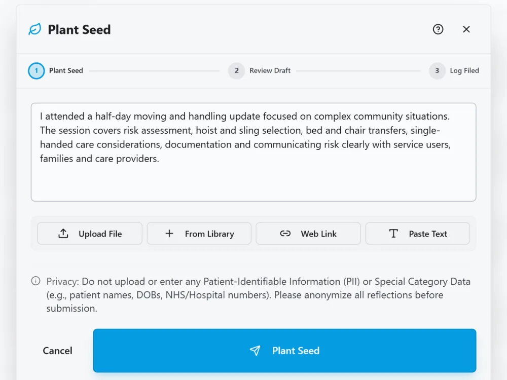 HandyCPD Plant Seed screen with notes about a community moving and handling update session.