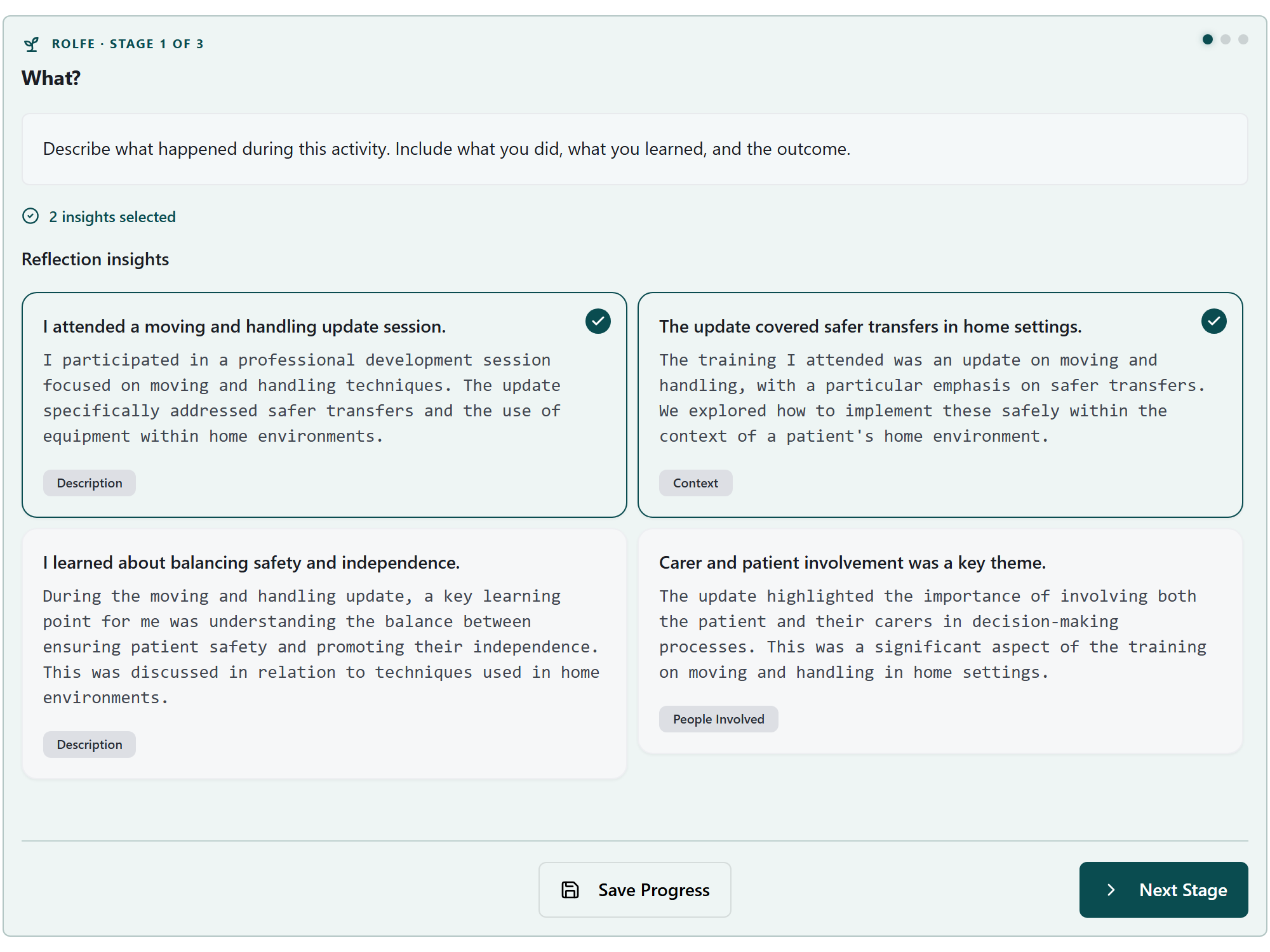 HandyCPD Rolfe Reflection Engine showing two selected insights for a fictional community moving and handling activity