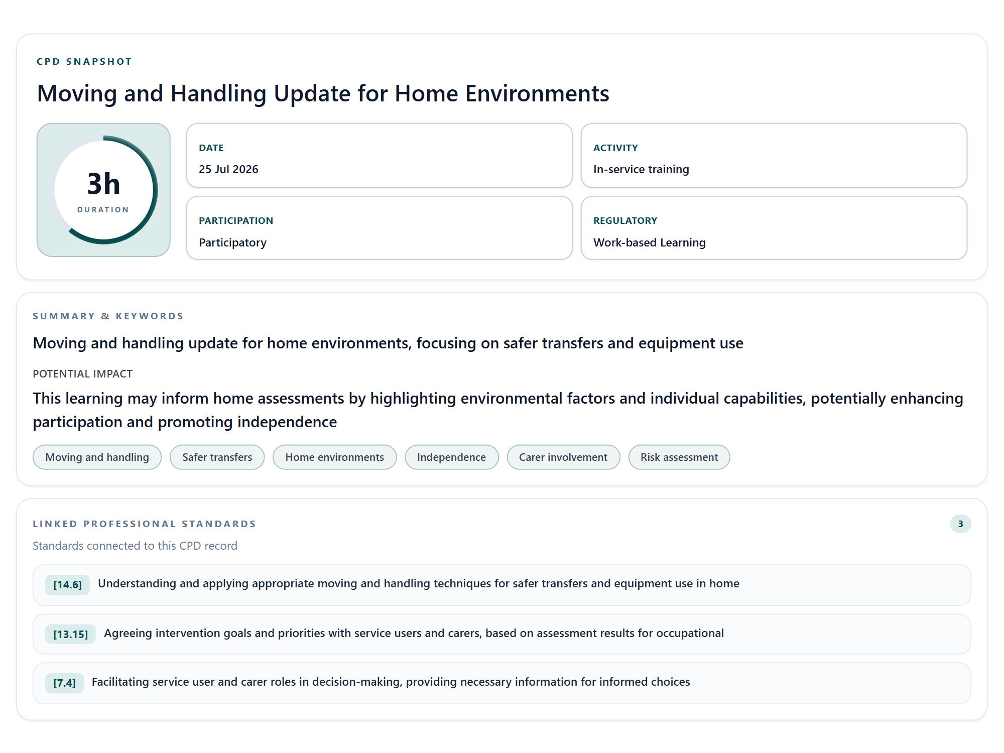 HandyCPD CPD Snapshot for a fictional community moving and handling update