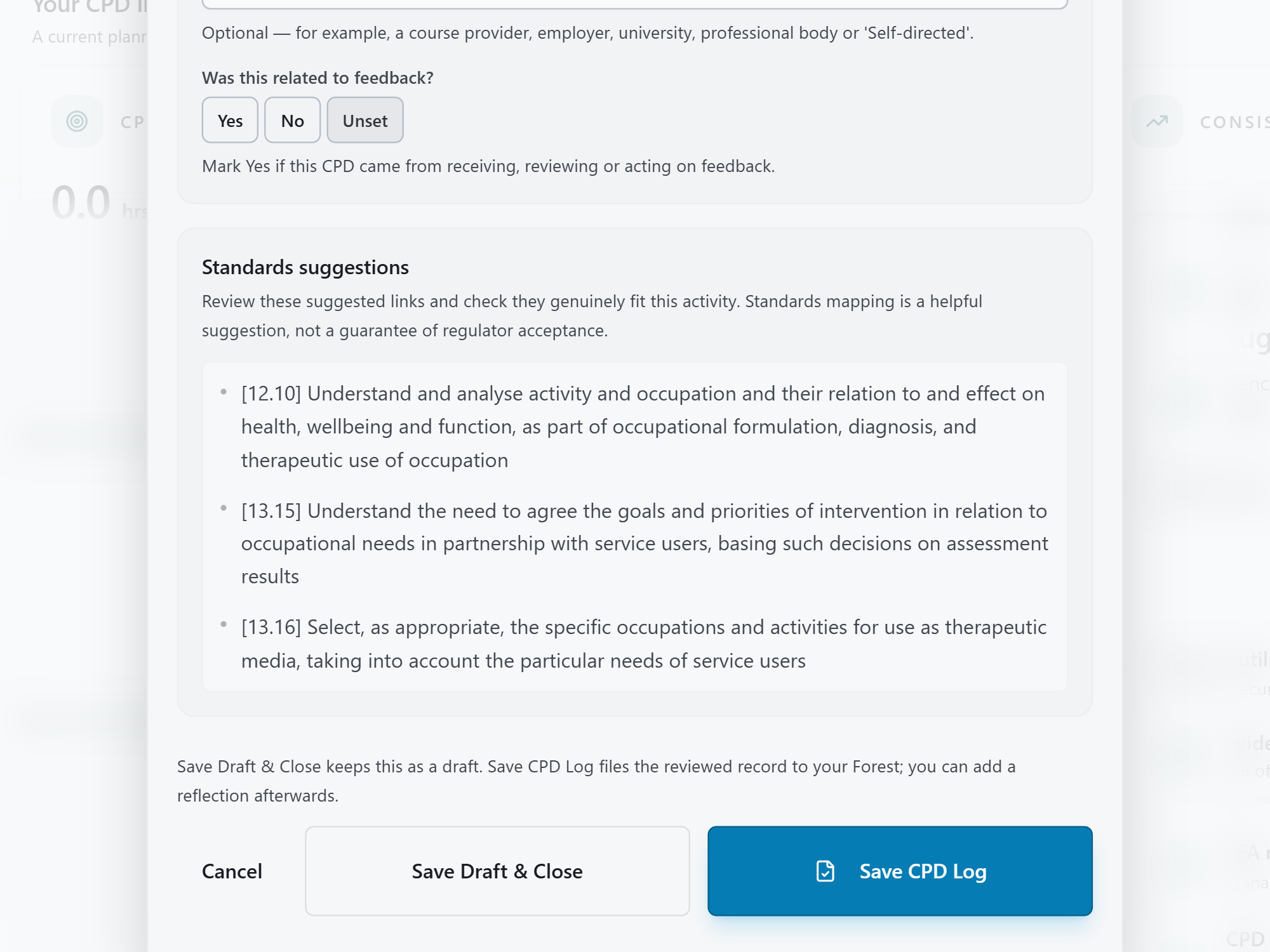 HandyCPD CPD log review showing standards suggestions for a fictional hand therapy activity