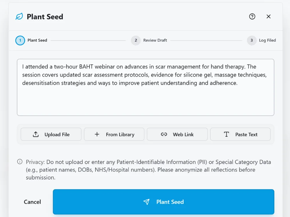 HandyCPD Plant Seed screen with notes about a BAHT webinar on hand therapy scar management.