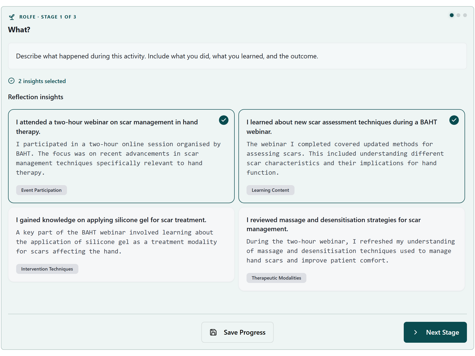HandyCPD Rolfe Reflection Engine showing two selected insights for a fictional hand therapy activity