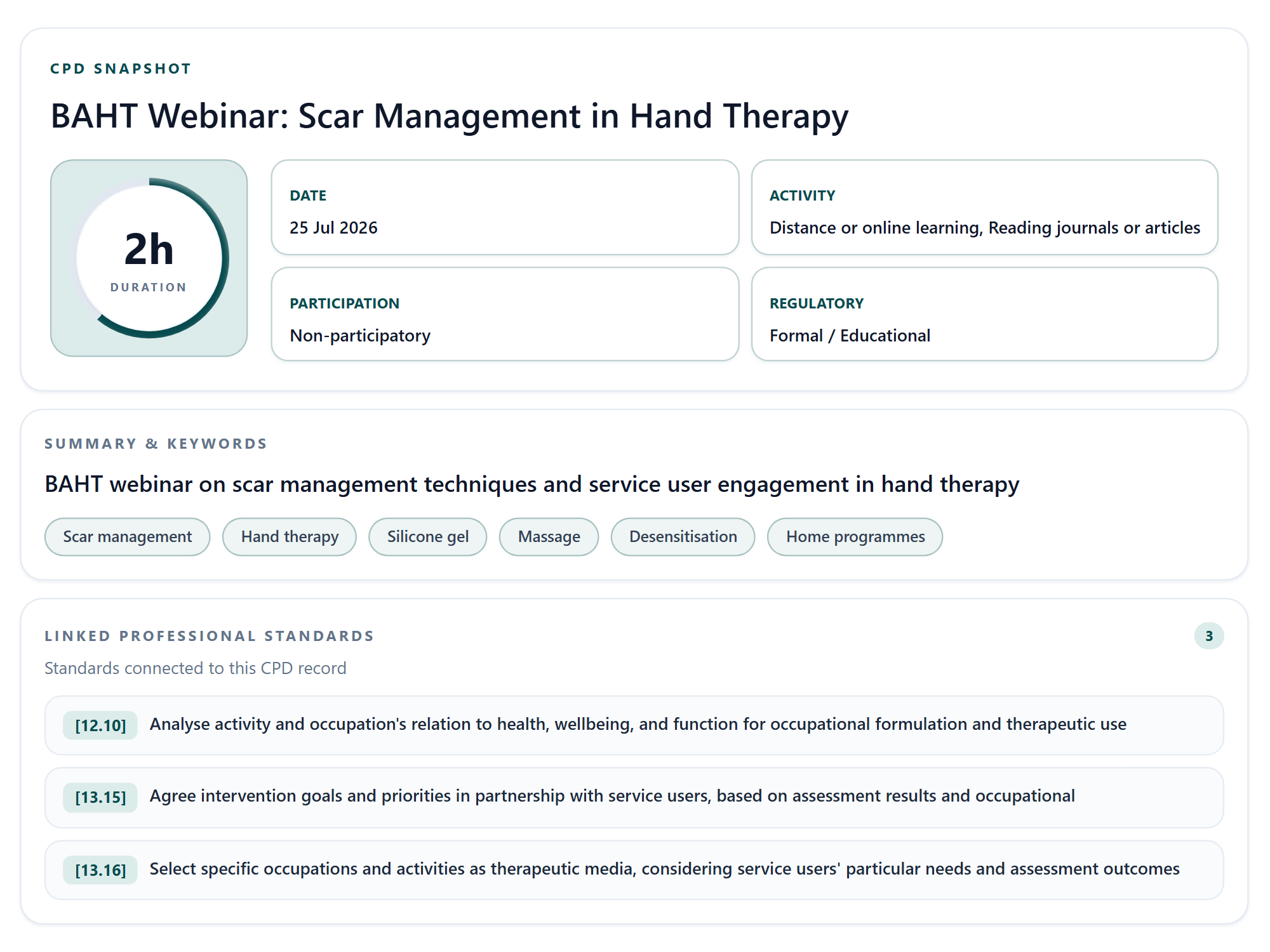 HandyCPD CPD Snapshot for a fictional hand therapy scar management webinar