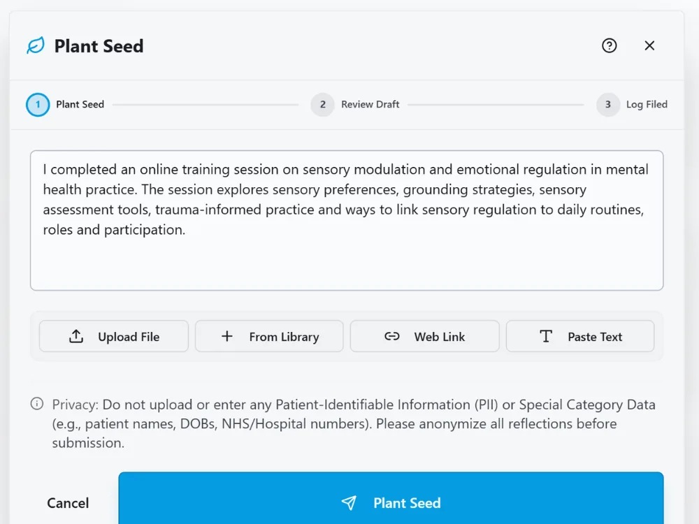 HandyCPD Plant Seed screen with notes about online training on sensory modulation and emotional regulation.