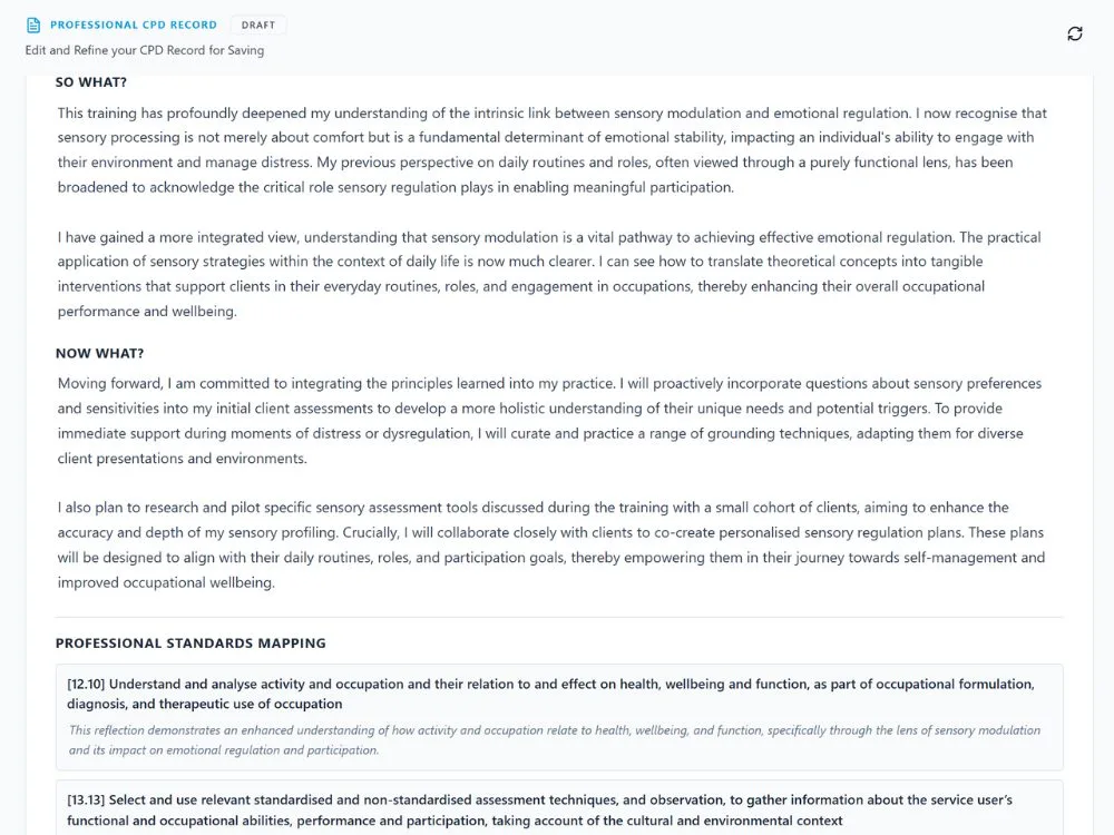 HandyCPD draft CPD record about sensory modulation learning and participation in daily routines.