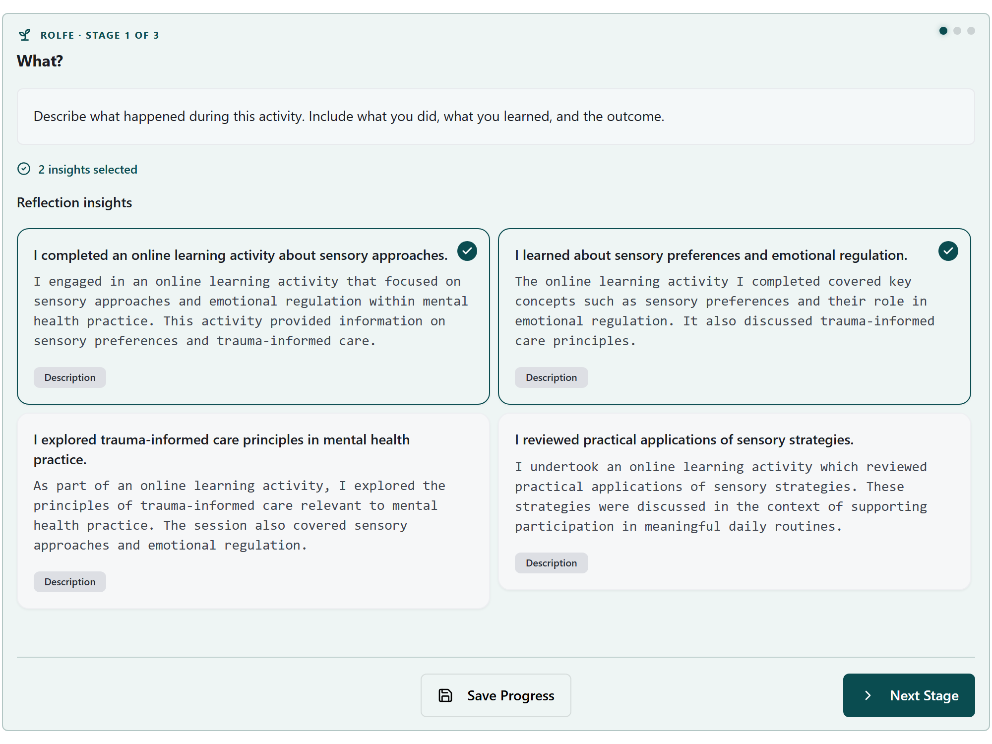 HandyCPD Rolfe Reflection Engine showing two selected insights for a fictional sensory approaches activity