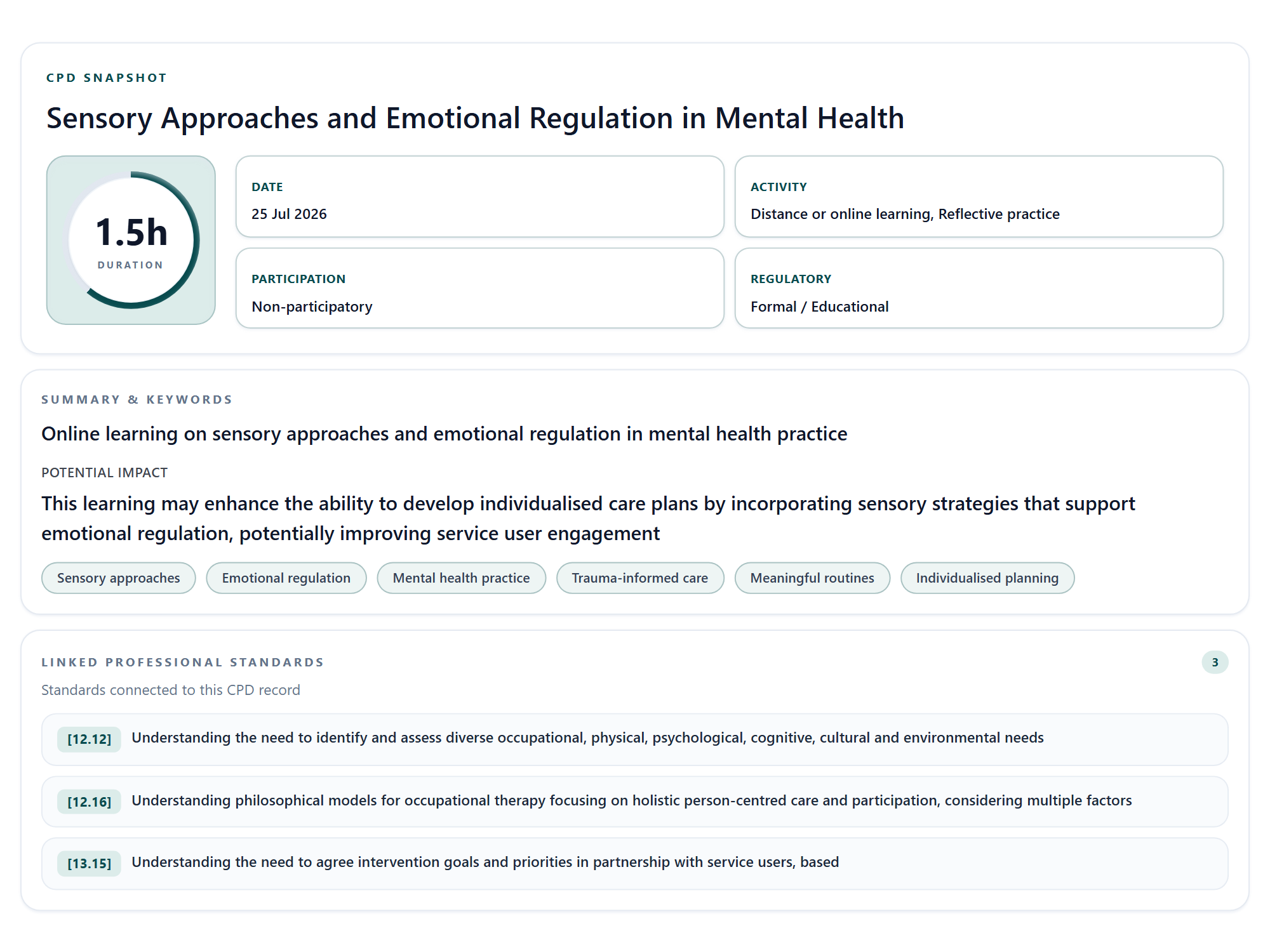 HandyCPD CPD Snapshot for a fictional mental health sensory approaches activity