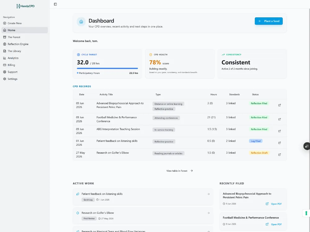 HandyCPD dashboard showing recent CPD activity and progress overview