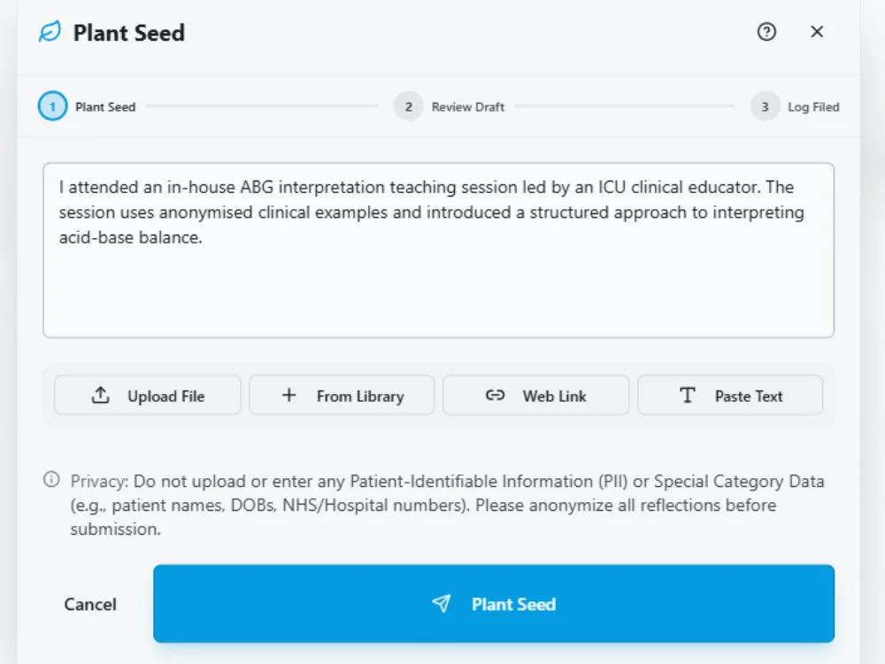 HandyCPD Plant Seed screen with notes about an ICU arterial blood gas interpretation teaching session.