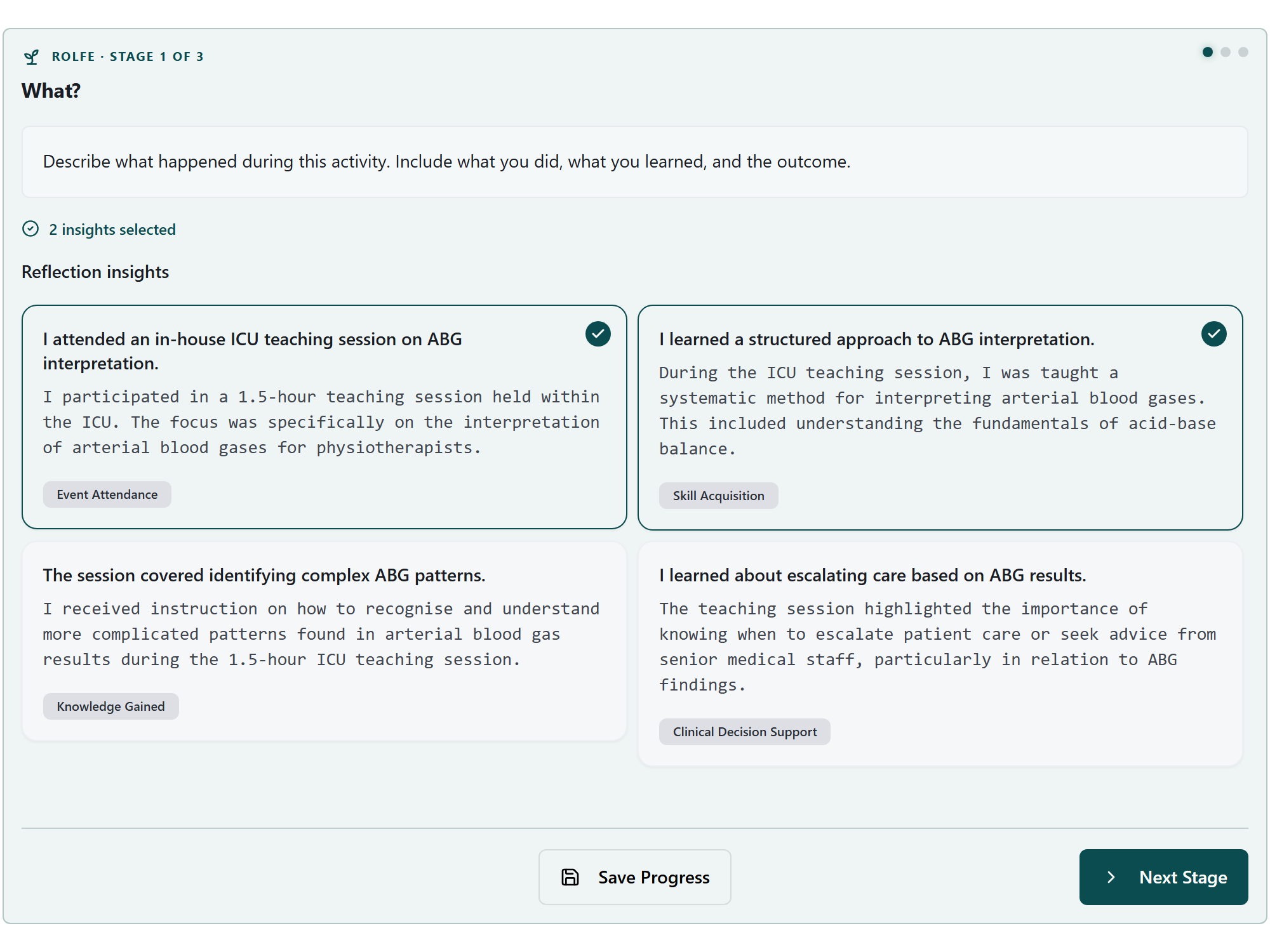 HandyCPD Rolfe Reflection Engine showing two selected insights for a fictional ICU ABG activity