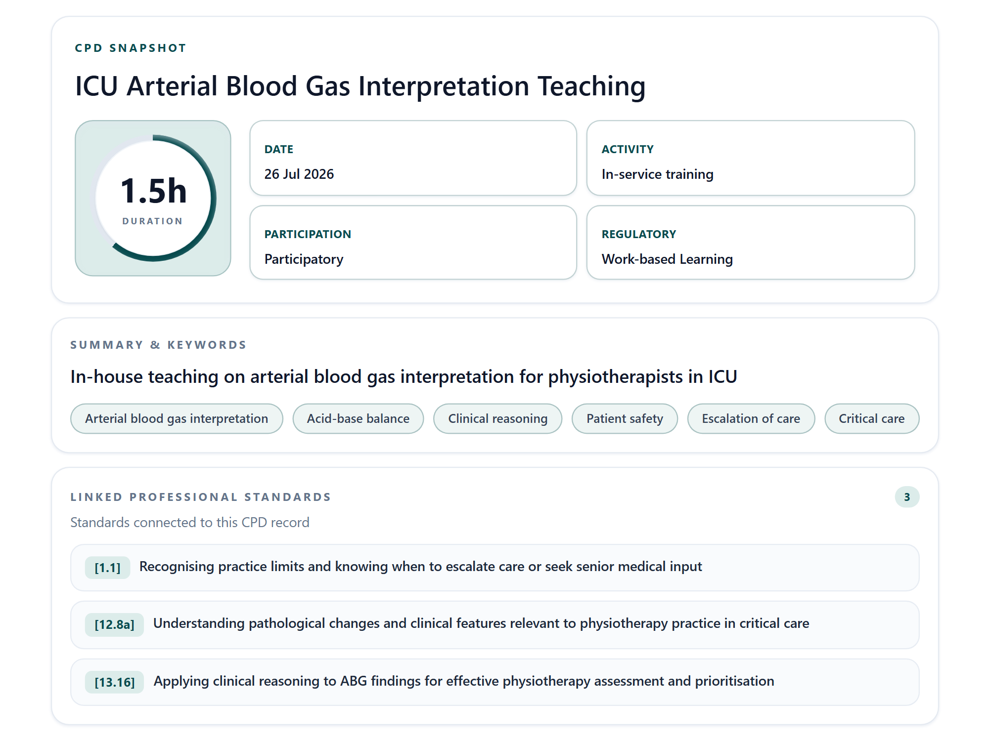 HandyCPD CPD Snapshot for a fictional ICU arterial blood gas interpretation teaching activity