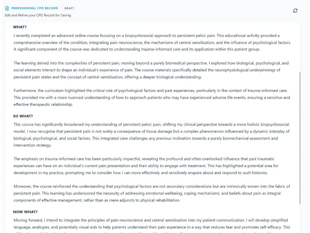 HandyCPD draft CPD record about biopsychosocial pelvic pain learning and patient communication.