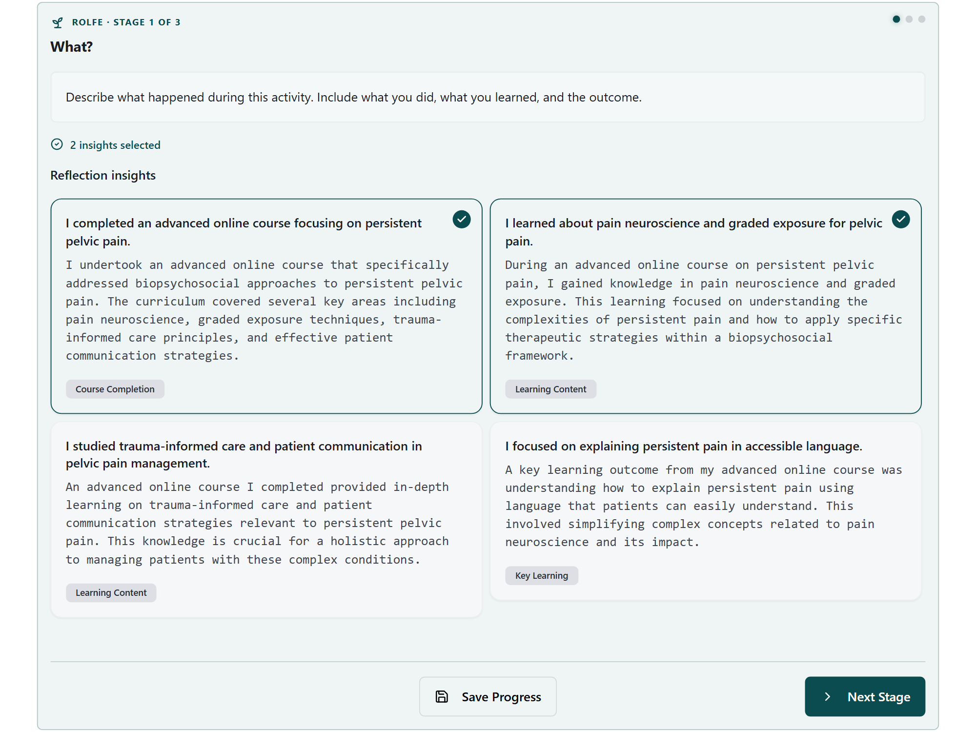 HandyCPD Rolfe Reflection Engine showing two selected insights for a fictional pelvic health activity