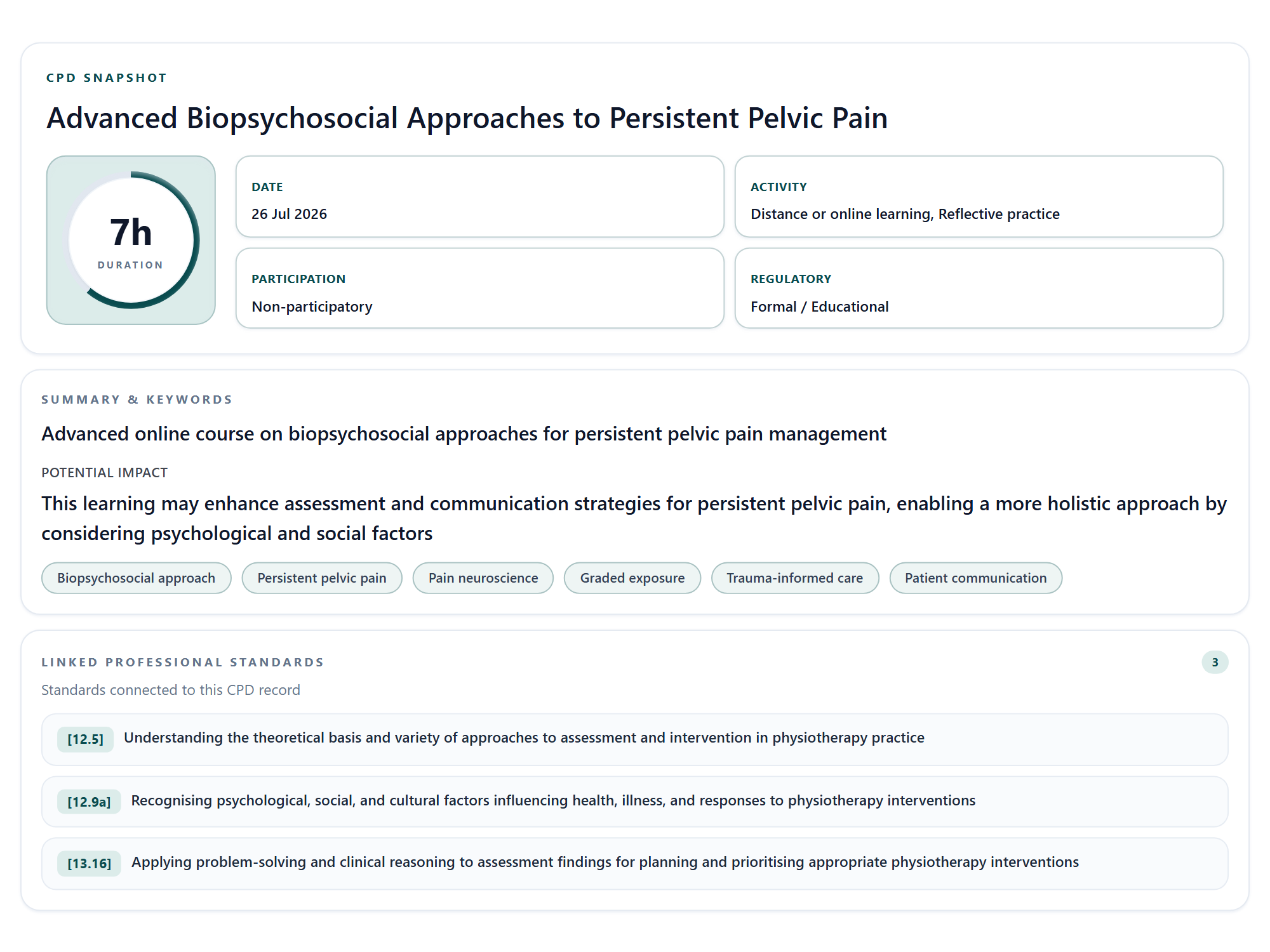 HandyCPD CPD Snapshot for a fictional persistent pelvic pain learning activity