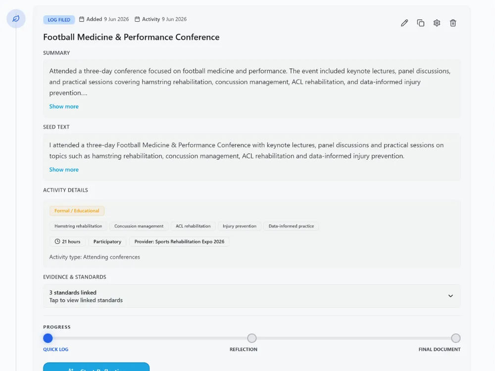 HandyCPD CPD log card summarising a football medicine and performance conference with rehabilitation tags.
