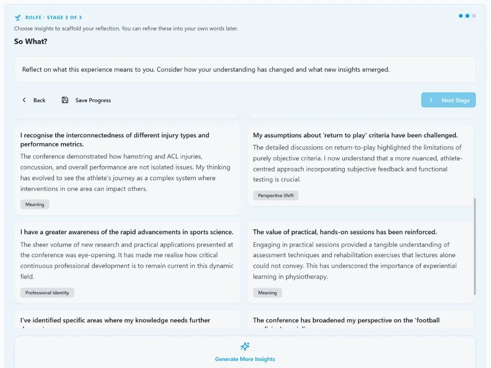 HandyCPD Reflection Engine showing insight cards about return-to-play criteria and sports rehabilitation.