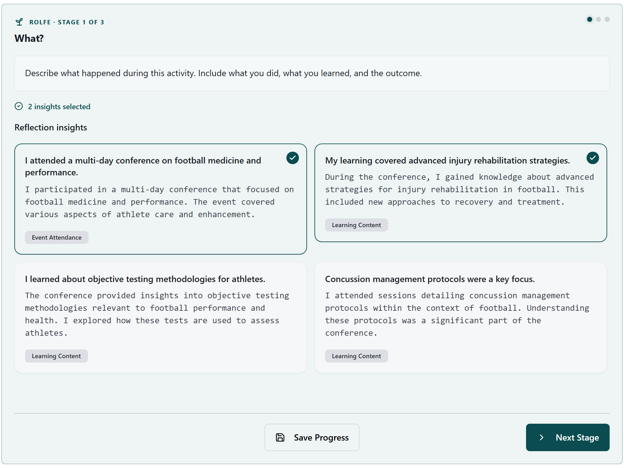 HandyCPD Rolfe Reflection Engine showing two selected insights for a fictional sports rehabilitation activity